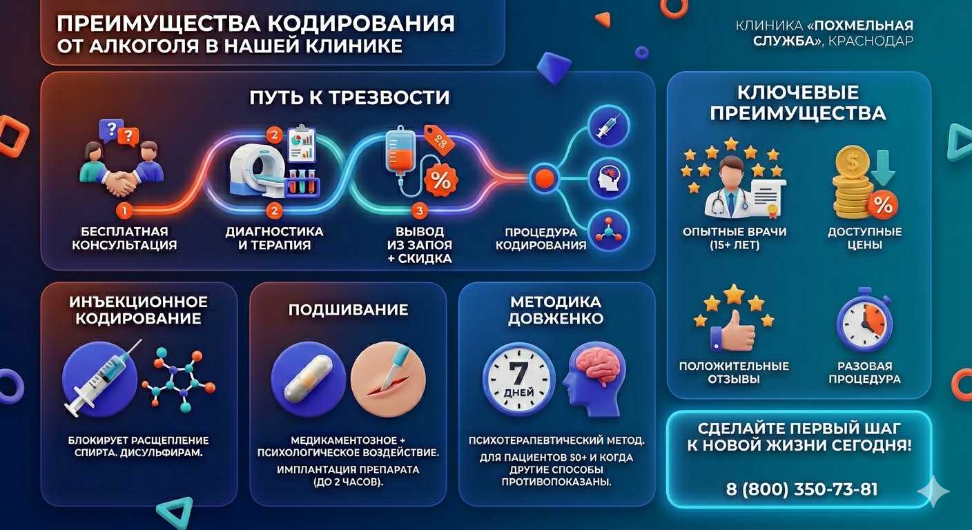 Инфографика о методах кодирования от алкоголя в Сарове: инъекции, подшивание, метод Довженко. Преимущества клиники и этапы лечения.