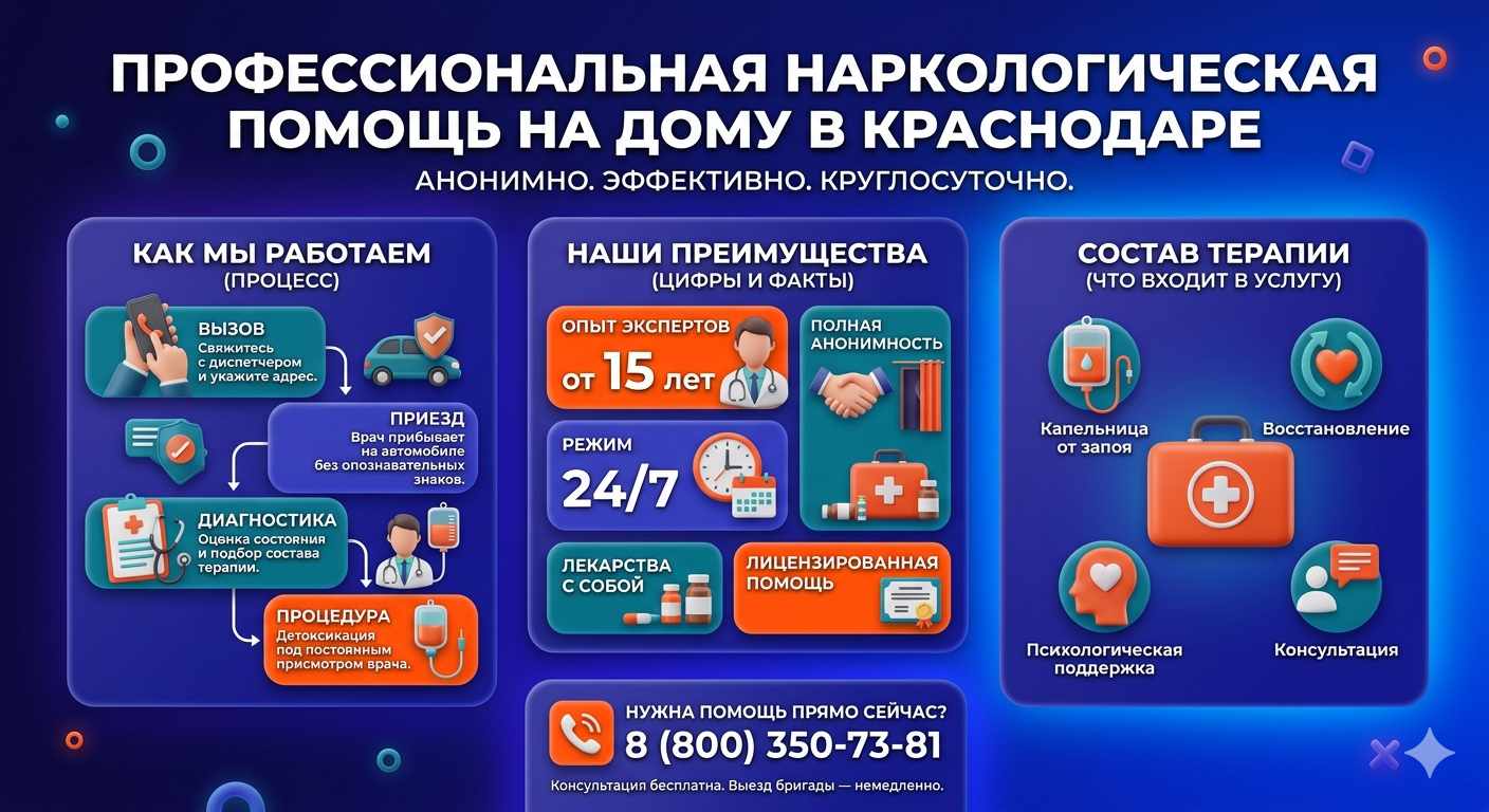 Инфографика о принципах лечения алкоголизма на дому в Сарове: этапы вызова нарколога, преимущества анонимной детоксикации и состав медицинской помощи.
